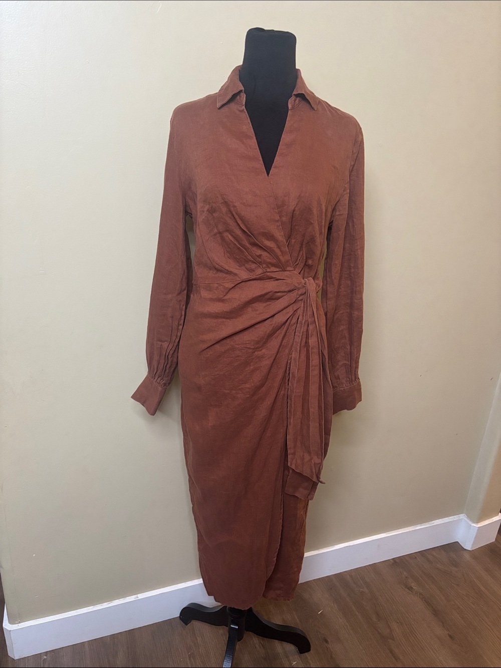 Magaschoni Brown 100% Linen Long-Sleeve Wrap Midi Dress